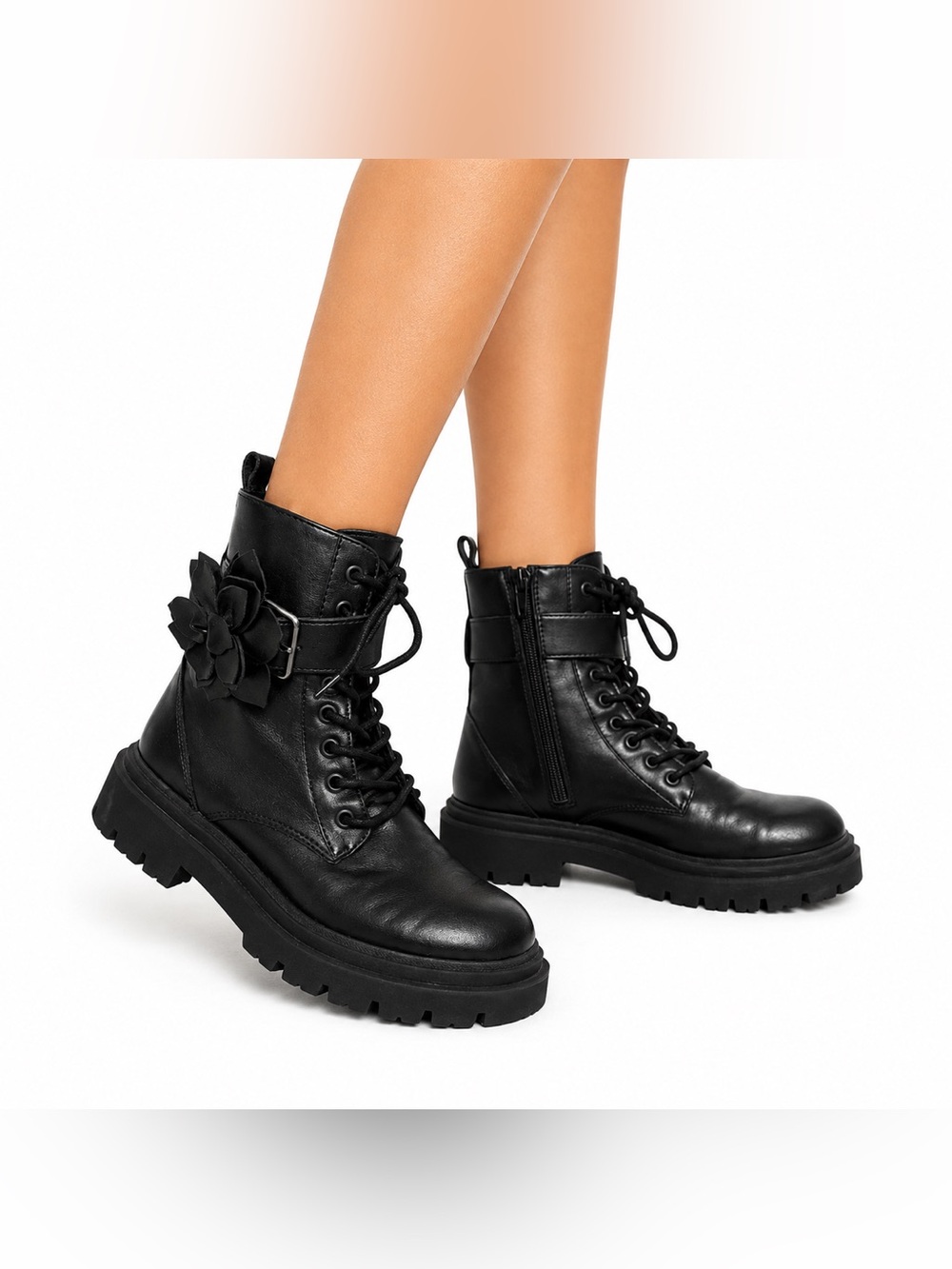 Zara Black Floral Accent Lace-Up Combat Boots